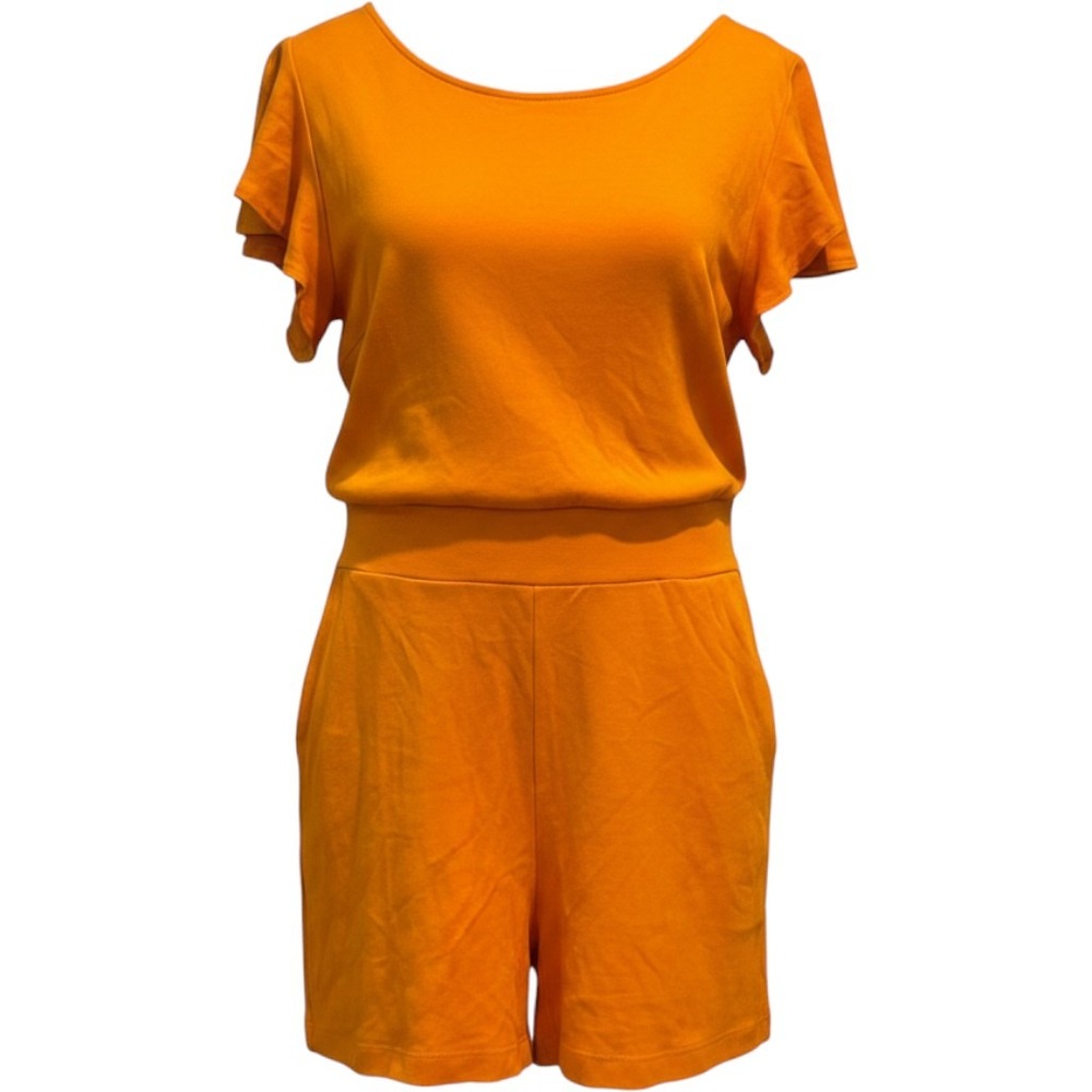 NY&C Orange Cotton Romper Flutter Sleeve Keyhole Vibrant | Size L